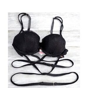 VS Victorias Secret PINK Lace Date Push Up Caged Bra 34B‎ 34 B Convertible Black